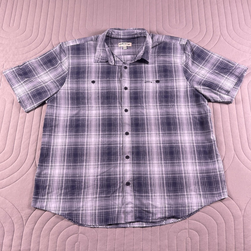 Orvis Classic Collection Shirt Mens 2XL Blue Plaid Short Sleeve Button Up